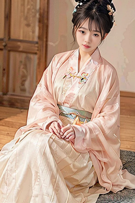 (A beautiful Korean lady, age 22, wearing white Hanfu, thoughtful expressions, kind smile, dimpled chins, cute snaggle-tooth, short bob hair ponytail, symmetrical face, realistic detailed face, beautiful detailed eyes, perfect body proportions, ample round bosoms, photorealistic, hyper-realism, high contrast, ultra HD, realistic skin textures, top image quality, top-quality, super high resolution, fine details, very meticulously, masterpiece, head to knees, High Angle Shot, bokeh background)