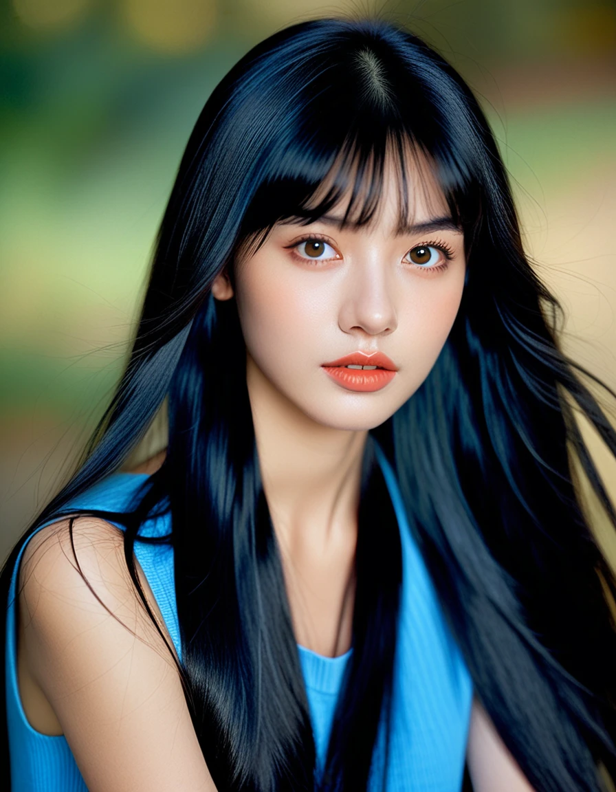 a 22yo  American woman with long black hair,dark blue and dark black,realistic color palette, soft-focused realism,black hair, long hair, blunt bangs