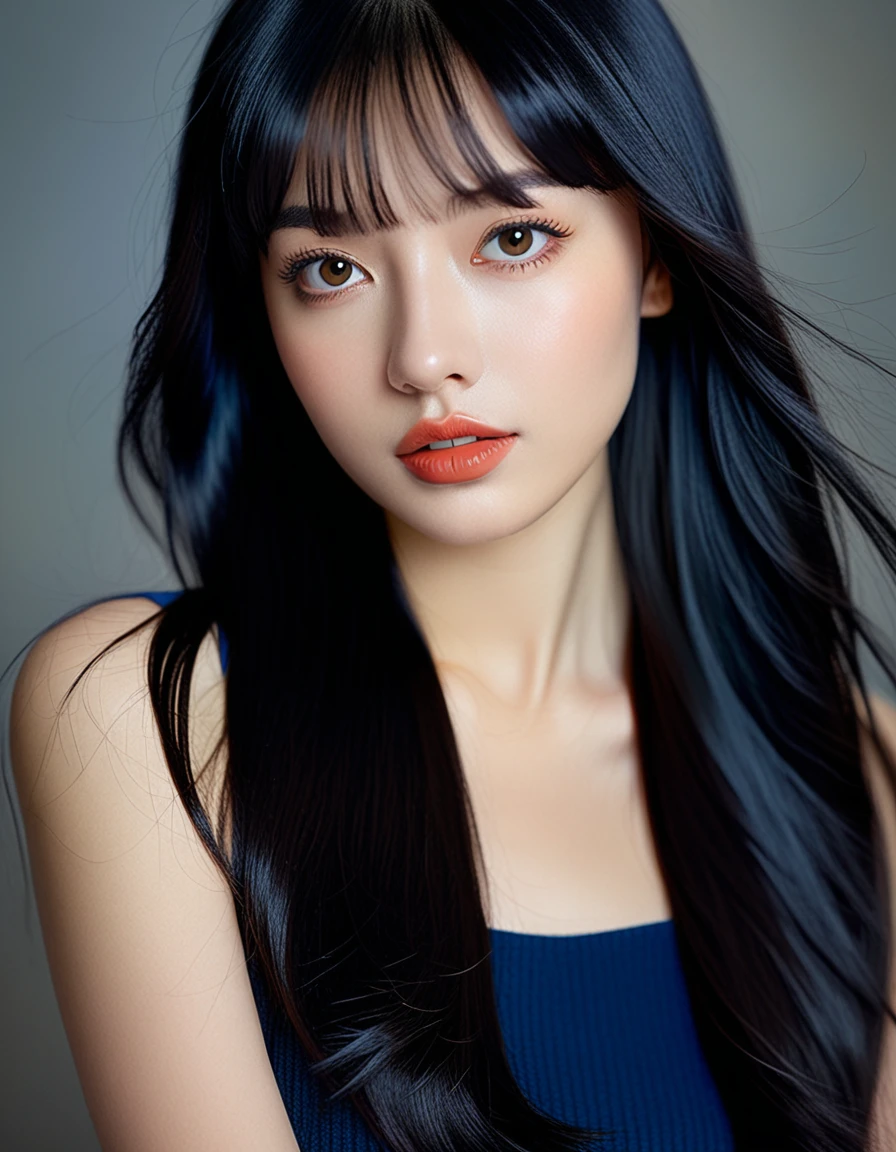 a 22yo  American woman with long black hair,dark blue and dark black,realistic color palette, soft-focused realism,black hair, long hair, blunt bangs