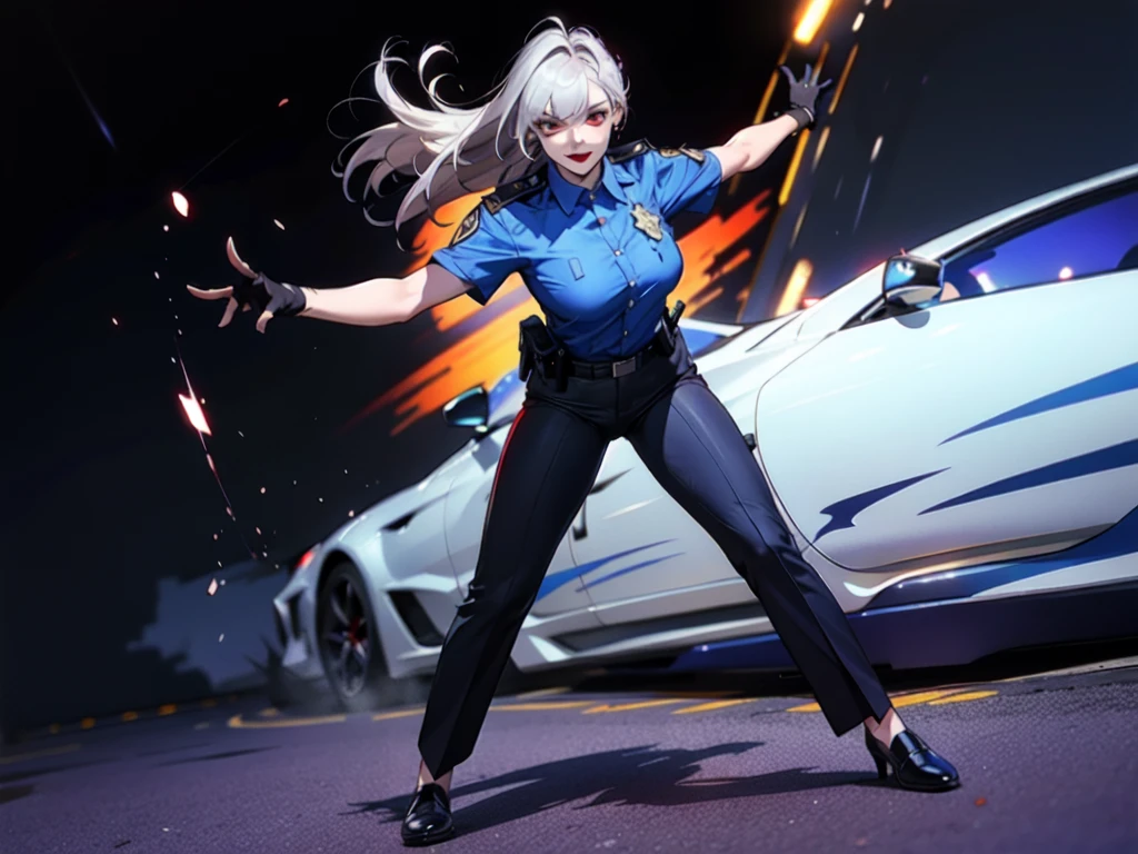 masterpiece, best quality, finely detailed, high resolution, high face detail, Coquelic, 1girl, (solo:1.3), red eyes, long hair, bangs, white hair, police uniform, blue shirt, black pants, black gloves, red lips, large breasts,  evil smile, crazy eyes, frown, smug,  (dark eyelashes, eyeliner:1.2) mountain, full body, (battle:1.2), earrings 