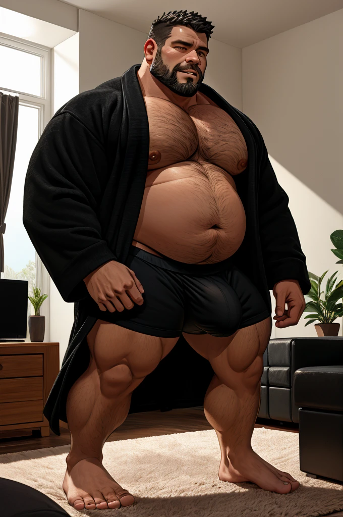 40 years old white Male, tall, giant body, handsome, dad bod, beefy, strong arms and legs, wide shoulders, a bit chubby muscle gut, a bit of fat but still very muscular, extremely hairy, a lot of body hair, short beard, wearing an untie black bathrobe with long sleeves, wearing a short black boxer brief, unrealistic oversized big bulge, barefoot, smirking, modern minimalist living room