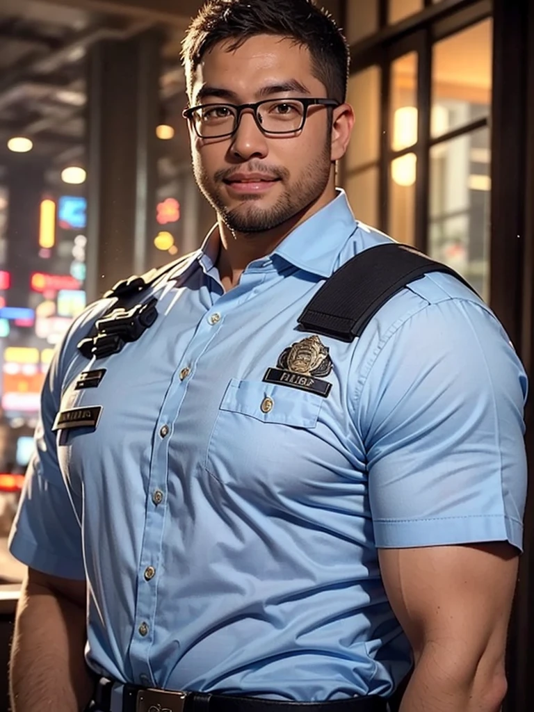 An award-winning original photo，a handsome 38-year-old man, crew cut, (((full body))), (((landscape))), mature man, [slightly fat], asian man, rounded face, brown eyes, ((rounded face)), glasses, fair skin tone, light skin tone, balding, 1boy, Solo, (big shoulders), musculature, (((stubbles, Short beard))), (Beautiful eyes:1.3), (Detailed face:1.3), wearing glasses, Dynamic Angle, volumetric lighting, (Best quality, A high resolution, Photorealistic), Cinematic lighting, Masterpiece, RAW photo, Intricate details, (extremely detailed 8k wallpaper), masterpiece 16k photo, yellow police costume, police hat,