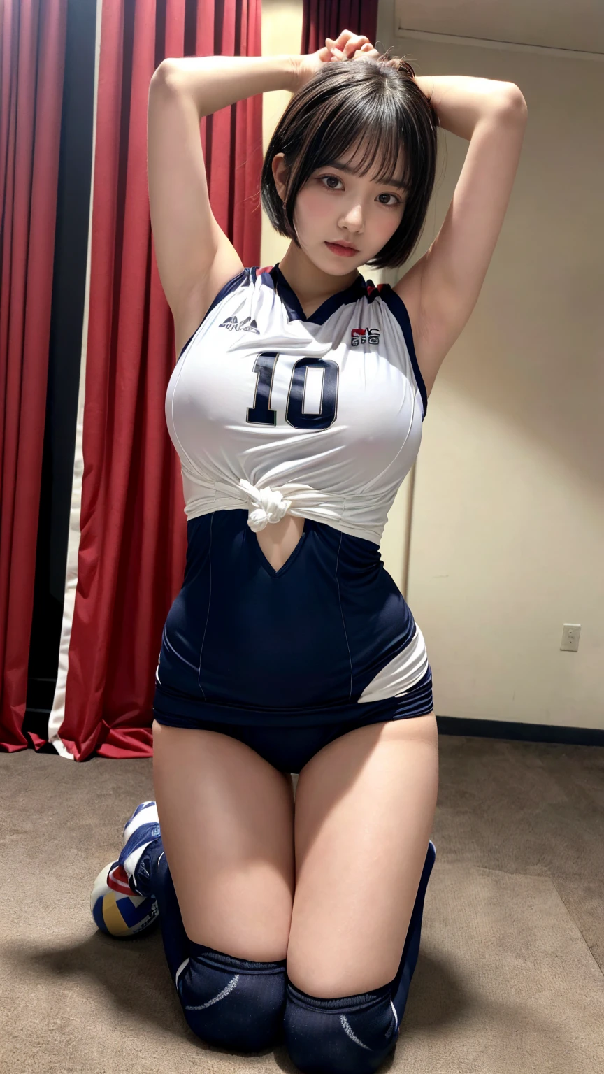 masterpiece, best quality, illustration, Super detailed, fine details, High resolution, 8K,wall paper, perfect dynamic composition,(Details High quality, realistic depiction of eyes:1.3), (short hair volleyball player, Volleyball Uniforms, short bob hair, black hair color, Big Natural Color Lip, Large swollen breast, perfect body shape, showing a delicate slim figure and graceful curves, (hotel room Background), (Hanging with hands tied above head、Kneeling), crying a little、cold gaze, Don't expose it、 Harajuku style、20 year old girl、cute type、ta, hposing Gravure Idol, full body photo、focus on crotch