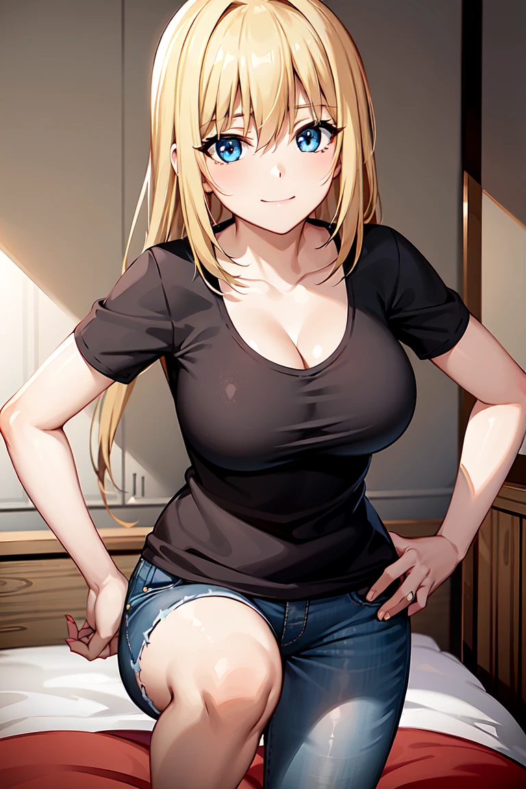 lautreamont silvia, blonde long hair, hair between eyes, light blue eyes, big , short sleeves plunge tee, cleavage, tucked in, blue jeans, blushing, closed mouth, smile, masterpiece, 8K, HD, perfect face, high quality, best quality, extremely detailed eyes, extremely detailed body, highly detailed, expressive eyes, high res, 1girl, solo, knee length shot, front view, looking at viewer, body facing viewer, pov shot, slightly from above, standing up, straight posture, hands on hips, bedroom