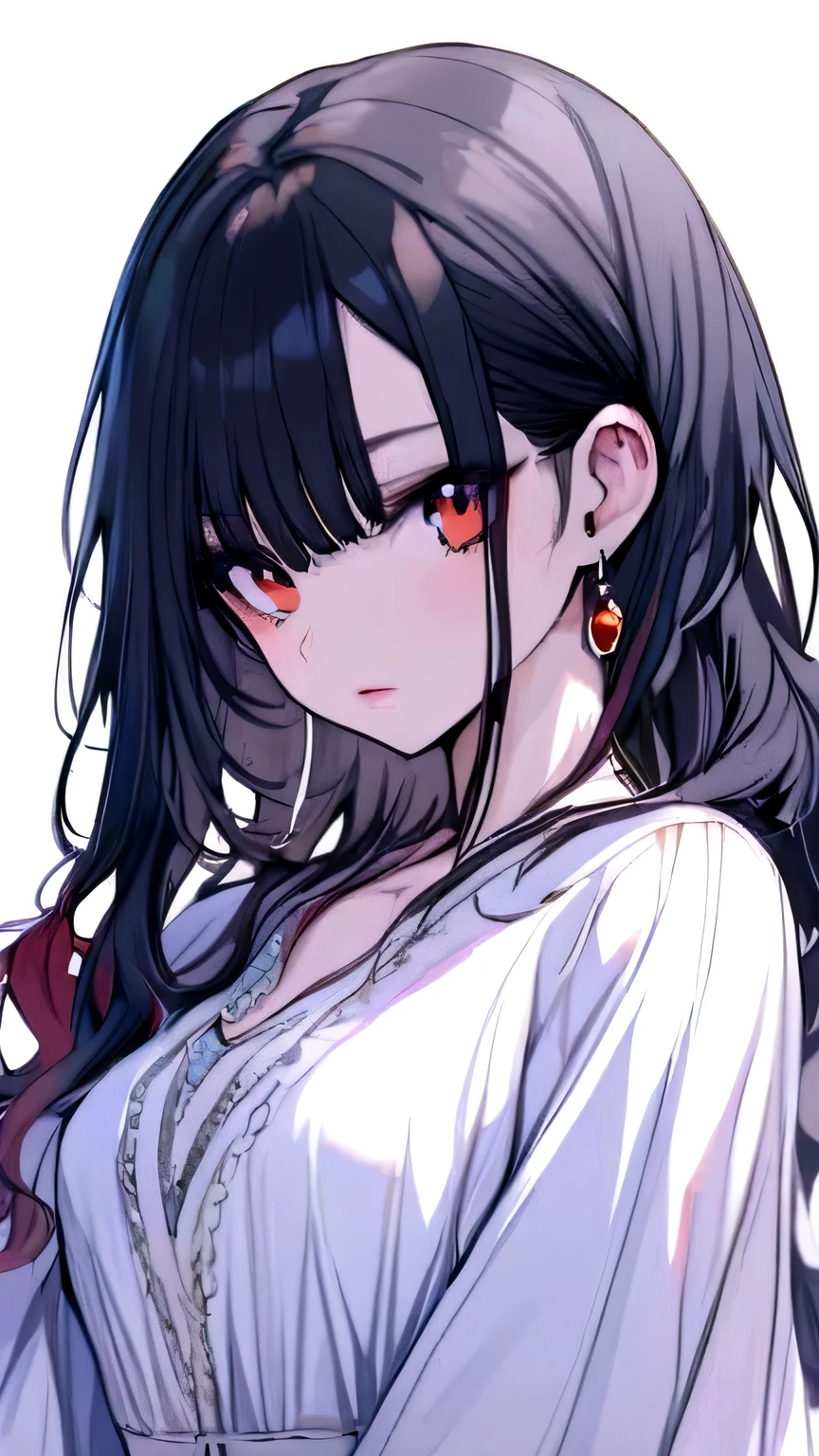 A girl with black hair and red eyes wearing casual dress 
