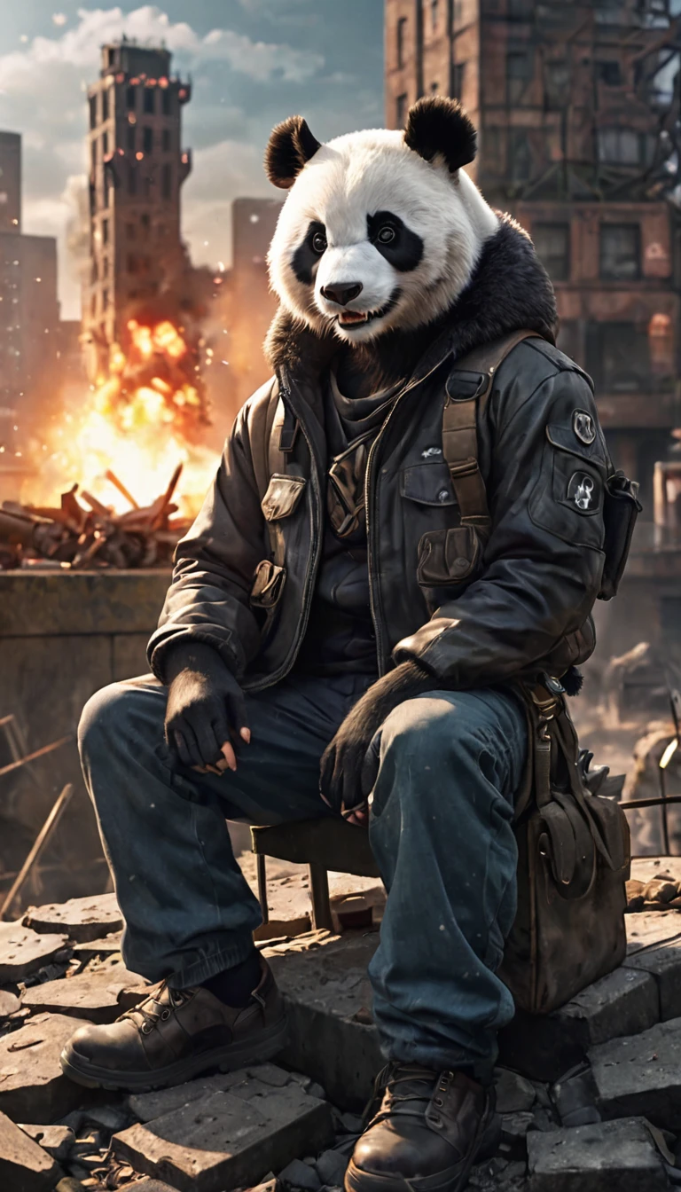 anime artwork (best quality, 4K, masterpiece:1.1), (realism, Practical:1.4), Ray Tracing, hyper realism, Soft lighting, Detailed background, Film Grain, (Detailed fur texture:1.3), rest (Anthropomorphic Panda), ((Dressed in apocalyptic style clothing:1.2)), Destroyed city interior after nuclear explosion, Sitting on an ammo box,View from the hill, Get your gun ready?, Angry expression, visible fangs (Perfect anatomical structure),((foot)), (aurora), (closure:1.3) . Anime style, key point, Energetic, Studio anime, Very detailed, High-quality photos, Three-point lighting, Flash with softbox, 4K, Canon EOS R3, high resolution, Smooth, Clear focus, high resolution, Award-winning photos, 80 mm, F2.8, Bokeh