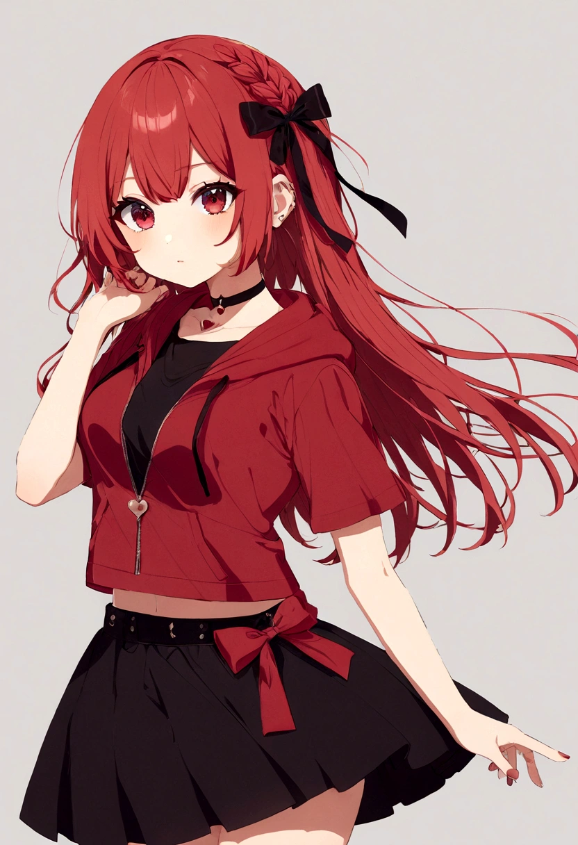 a girl with a black skirt and a small red shirt on top of is red stockings . red zip up hoodie, black shirt underneath with short sleeves and ,red hair, long hair and a flower with a ribbon on the bottom on the side on the hair and red eyes has a black Choker , and a small heart red necklace , has a ribbon bow waistband, main color red , full body 