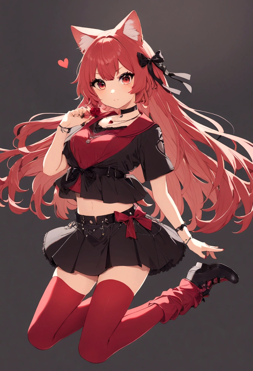 a girl with a black skirt and a small red shirt on top of is red stockings . red zip up hoodie, black shirt underneath with short sleeves and ,red hair, long hair and a flower with a ribbon on the bottom on the side on the hair and red eyes has a black Choker , and a small heart red necklace , has a ribbon bow waistband, main color red , full body 