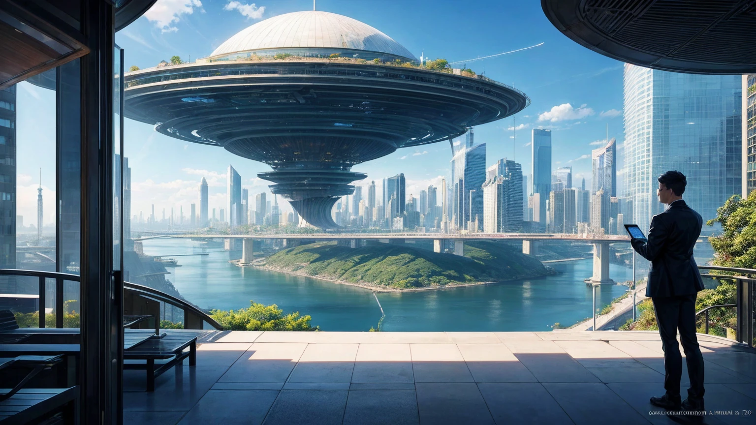 (Best quality,4K,8K,A high resolution,Masterpiece:1.2),Ultra-detailed,(Realistic,Photorealistic,photo-realistic:1.37),Futuristic floating city,Futuristic technology,Huge urban high-tech tablet platform,Airship,Floating in the sky,Futuristic city,Small airships around,High-tech hemispherical platform,Colorful lights,Advanced architecture,modernn architecture,skyscrapper,Access the cloud,Scenic beauty,view over city,Impressive design,Blend seamlessly with nature,energetic and vibrant atmosphere,Futuristic transportation system,Parking is suspended,Transparent path,Lush greenery,Sky gardens,cascading waterfalls,Magnificent skyline,reflections on the water,Sparkling river,Architectural innovation,futuristic skyscrapers,Transparent dome,The shape of the building is unusual,Elevated walkway,Impressive skyline,Glowing lights,Futuristic technology,Minimalist design,Scenic spots,Panoramic view,Cloud Piercing Tower,Vibrant colors,epic sunrise,epic sunset,Dazzling light display,magical ambiance,The future city,Urban Utopia,LuxuryLifestyle,Innovative energy,sustainable development,Smart city technology,Advanced infrastructure,Tranquil atmosphere,Nature and technology live in harmony,Awesome cityscape,Unprecedented urban planning,Architecture connects seamlessly with nature,High-tech metropolis,A cutting-edge engineering marvel,The future of urban living,Visionary architectural concept,Energy-efficient buildings,Harmony with the environment,A city floating above the clouds,Utopian dreams become reality,The possibilities are endless,State-of-the-art transportation network,Green energy integration,Innovative materials,Impressive holographic display,Advanced communication system,Breathtaking aerial view,Quiet and peaceful environment,Modernist aesthetics,Ethereal beauty