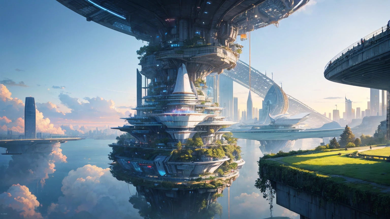 (Best quality,4K,8K,A high resolution,Masterpiece:1.2),Ultra-detailed,(Realistic,Photorealistic,photo-realistic:1.37),Futuristic floating city,Futuristic technology,Huge urban high-tech tablet platform,Airship,Floating in the sky,Futuristic city,Small airships around,High-tech hemispherical platform,Colorful lights,Advanced architecture,modernn architecture,skyscrapper,Access the cloud,Scenic beauty,view over city,Impressive design,Blend seamlessly with nature,energetic and vibrant atmosphere,Futuristic transportation system,Parking is suspended,Transparent path,Lush greenery,Sky gardens,cascading waterfalls,Magnificent skyline,reflections on the water,Sparkling river,Architectural innovation,futuristic skyscrapers,Transparent dome,The shape of the building is unusual,Elevated walkway,Impressive skyline,Glowing lights,Futuristic technology,Minimalist design,Scenic spots,Panoramic view,Cloud Piercing Tower,Vibrant colors,epic sunrise,epic sunset,Dazzling light display,magical ambiance,The future city,Urban Utopia,LuxuryLifestyle,Innovative energy,sustainable development,Smart city technology,Advanced infrastructure,Tranquil atmosphere,Nature and technology live in harmony,Awesome cityscape,Unprecedented urban planning,Architecture connects seamlessly with nature,High-tech metropolis,A cutting-edge engineering marvel,The future of urban living,Visionary architectural concept,Energy-efficient buildings,Harmony with the environment,A city floating above the clouds,Utopian dreams become reality,The possibilities are endless,State-of-the-art transportation network,Green energy integration,Innovative materials,Impressive holographic display,Advanced communication system,Breathtaking aerial view,Quiet and peaceful environment,Modernist aesthetics,Ethereal beauty