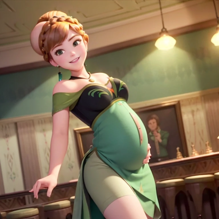 score_9, score_8_up, 1girl, solo, rosalina, style parody, thick outlines, blue dress, sleeveless, strapless, cleavage, indoors, bar, pregnant 