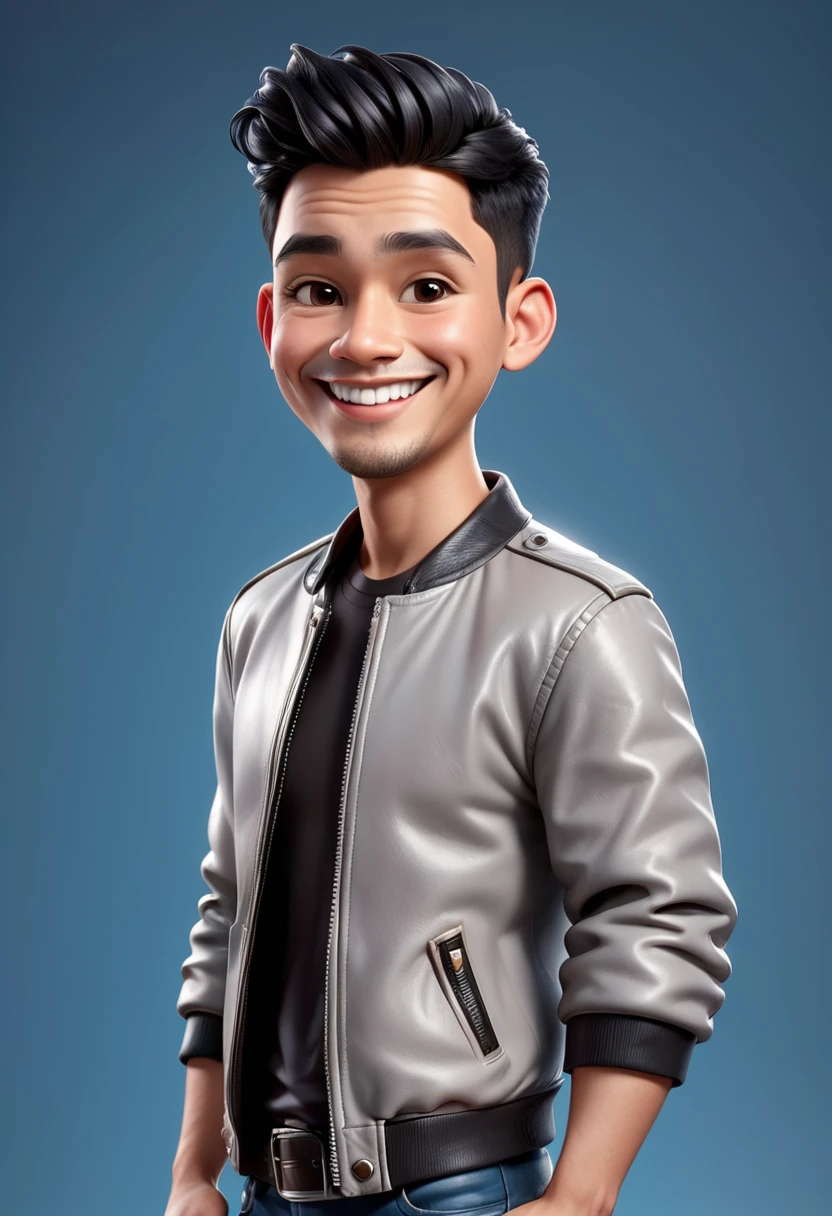 Create a 3D animation of a cartoon caricature with a big head. a 20 year old Indonesian man. He has short black hair parted on the right side. His face is oval with smooth lines, thick and neat black eyebrows, normal eyes, a big nose, and thin lips with a wide, friendly smile. He wore a light gray leather jacket over a white t-shirt. Gradient blue background with professional lighting. masterpiece, top quality, highly detailed skin and face, ultra-realistic, high definition, studio lighting, sharp focus, 2/3 body angle, Concept Art, 3D rendering.