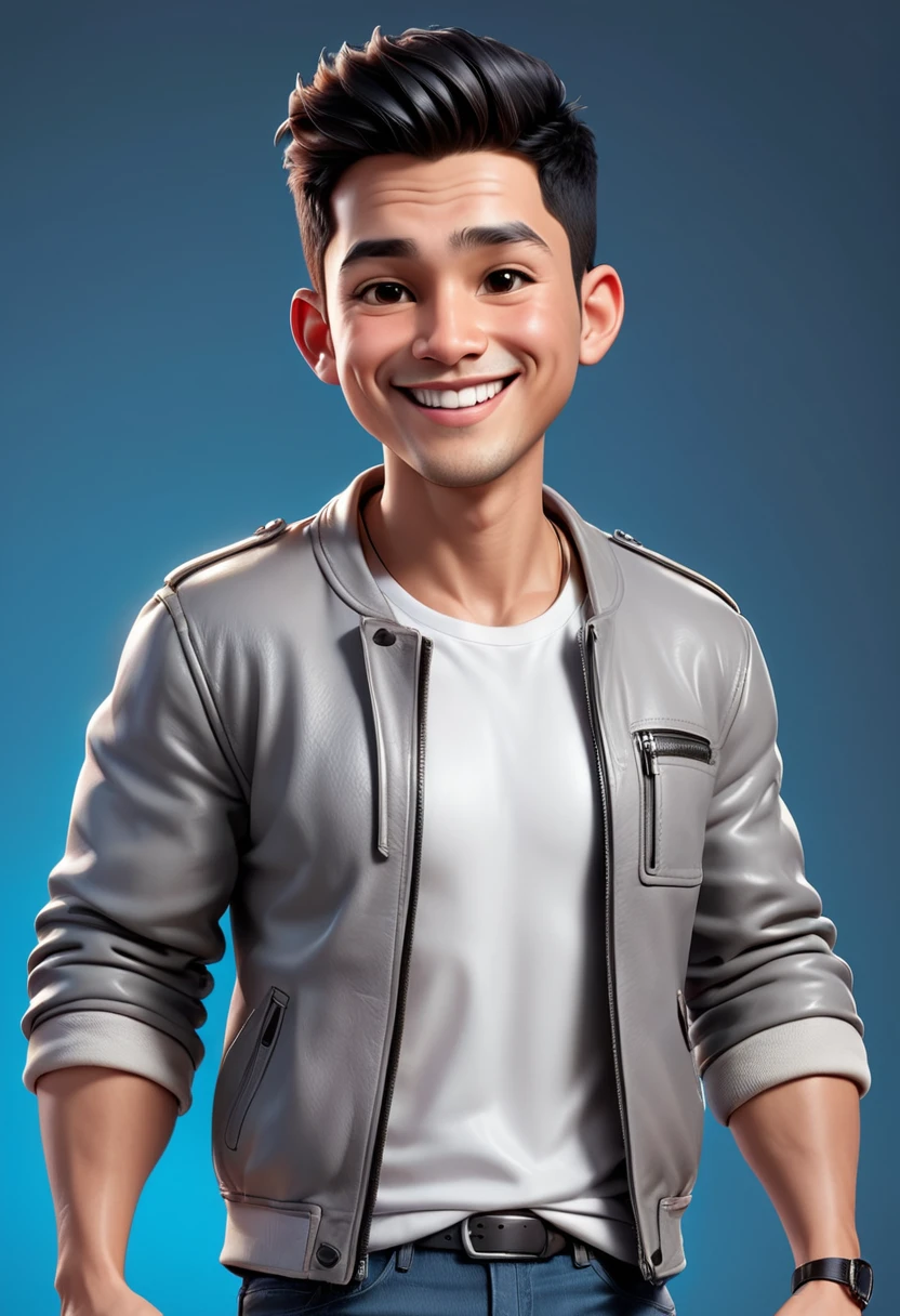 Create a 3D animation of a cartoon caricature with a big head. a 20 year old Indonesian man. He has short black hair parted on the right side. His face is oval with smooth lines, thick and neat black eyebrows, normal eyes, a big nose, and thin lips with a wide, friendly smile. He wore a light gray leather jacket over a white t-shirt. Gradient blue background with professional lighting. masterpiece, top quality, highly detailed skin and face, ultra-realistic, high definition, studio lighting, sharp focus, 2/3 body angle, Concept Art, 3D rendering.