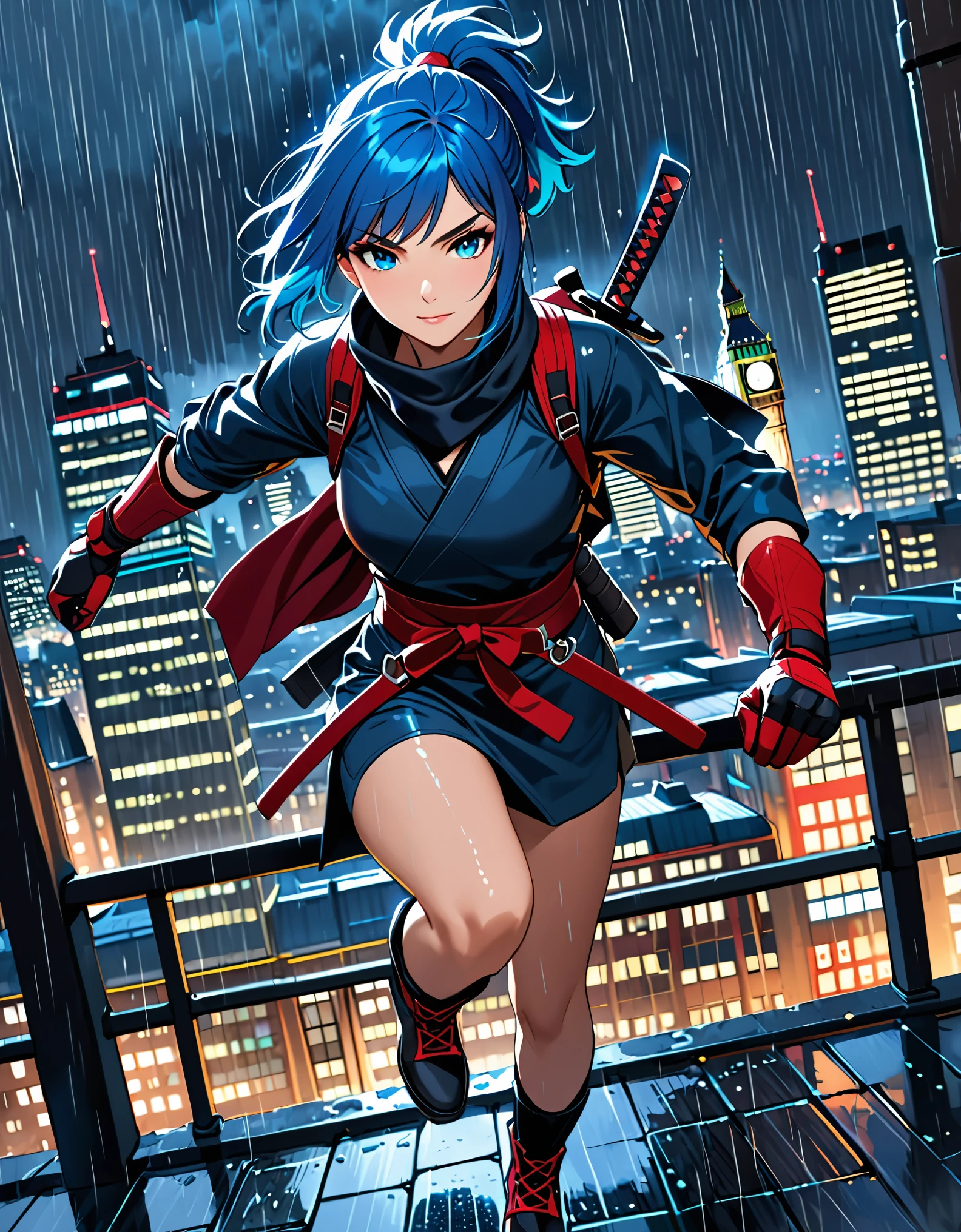 masterpiece, best quality, semi-realistic, solo, solo focus 1girl, blue hair, short hair, ponytail hair, cyan eyes, beautiful detailed eyes, beautiful detailed face, stoic, professional, ninja, red tactical gloves, bare legs, matching boots, using daggers, london cityscape, rooftop, dutch angle, night, rain, running to viewer, noir atmosphere.