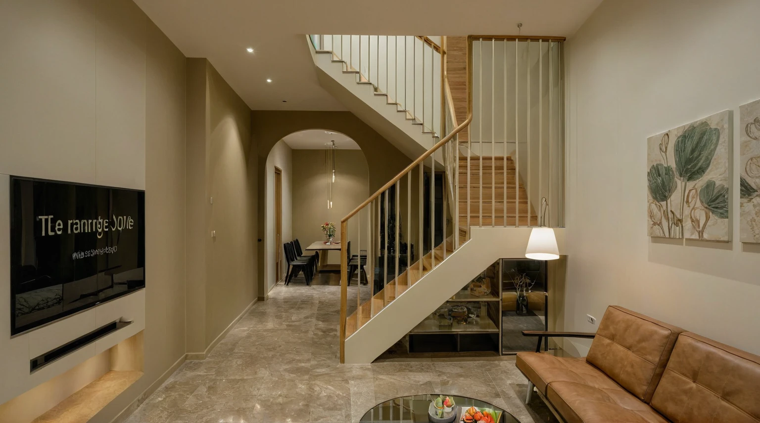 Raw photo, Masterpiece, high quality, best quality, authentic, super detail, interior, indoors,  style modern, minimalist line, wooden, oak wood, led light, beige paint wall, sofa, atrium, LIVING ROOM, PEN HOUSE, kitchen, island kitchen, alu window, japan style, wasabi style, Jen style, steel stair, glass railing, penhouse