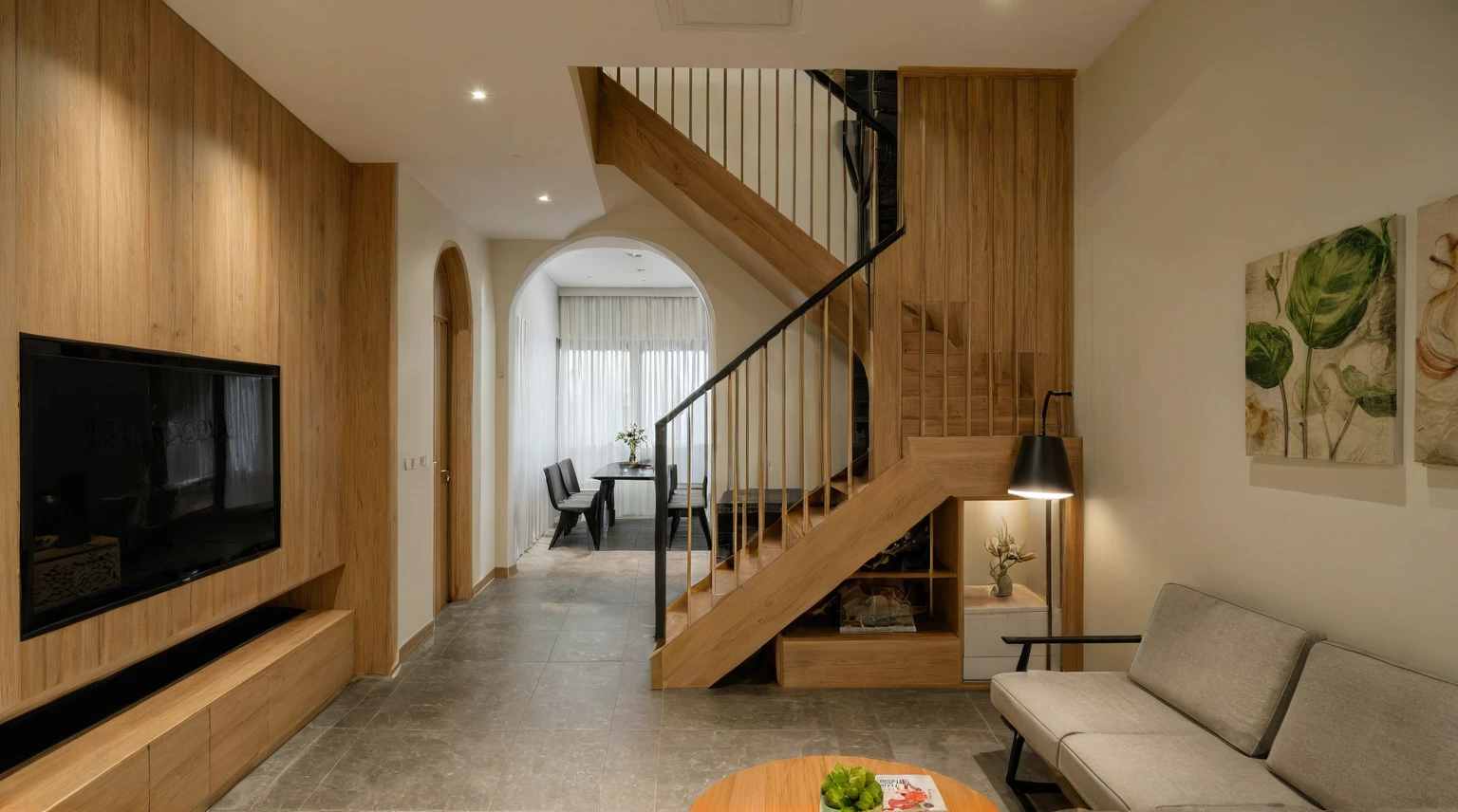Raw photo, Masterpiece, high quality, best quality, authentic, super detail, interior, indoors, style modern, minimalist line, wooden, oak wood, led light, beige paint wall, sofa, atrium, LIVING ROOM, PEN HOUSE, kitchen, island kitchen, alu window, japan style, wasabi style, Jen style, steel stair, glass railing, penhouse