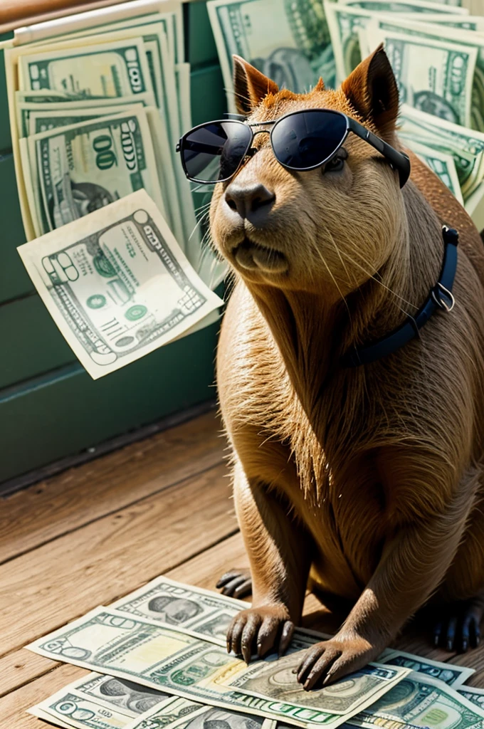 Generate a drawing of a capybara wearing black sunglasses and counting bills
