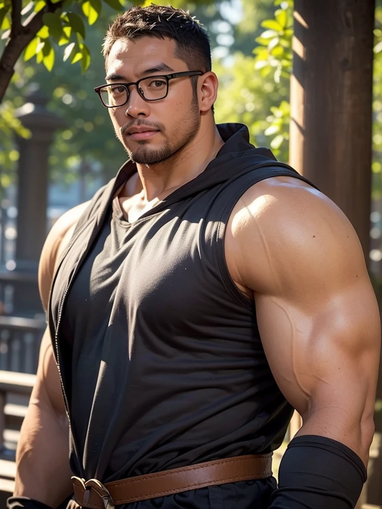 An award-winning original photo，a handsome 38-year-old man, crew cut, (((full body))), (((landscape))), mature man, [slightly fat], asian man, rounded face, brown eyes, ((rounded face)), glasses, fair skin tone, light skin tone, balding, 1boy, Solo, (big shoulders), musculature, (((stubbles, Short beard))), (Beautiful eyes:1.3), (Detailed face:1.3), wearing glasses, Dynamic Angle, volumetric lighting, (Best quality, A high resolution, Photorealistic), Cinematic lighting, Masterpiece, RAW photo, Intricate details, (extremely detailed 8k wallpaper), masterpiece 16k photo, sword man, fantasy sword man,