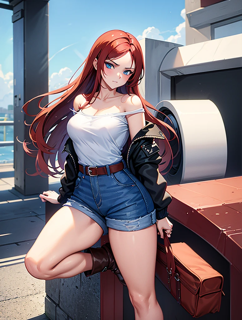 18 year old young girl, long haired redhead with blue eyes, Short white off-the-shoulder shirt, bright blue short jean shorts, serious look, sexy, short brown boots with white