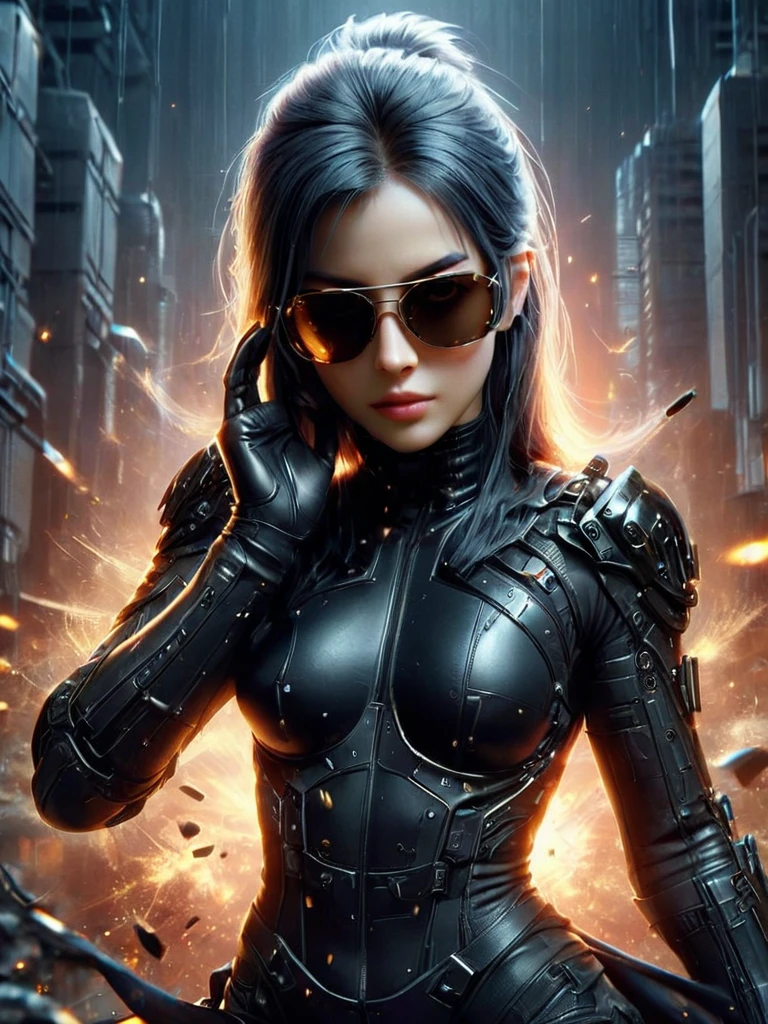 A white、Black and brown Latrobe Loggin, Wearing a cyberpunk-style bodysuit, sunglasses,Black gloves, poster, Matrix, explode, Film Grain