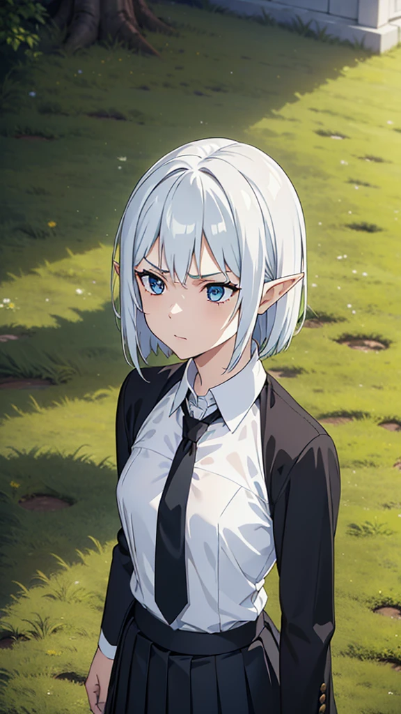 1girl ,solo,20s,mature female,serious face,short hair,elf ears,(grass),shirt,black standard tie,blue blazer,long sleeves, black pleated skirt,(upper body),frosty white Skin , Icy white hair ,Glacial blue eyes,SIDE UP