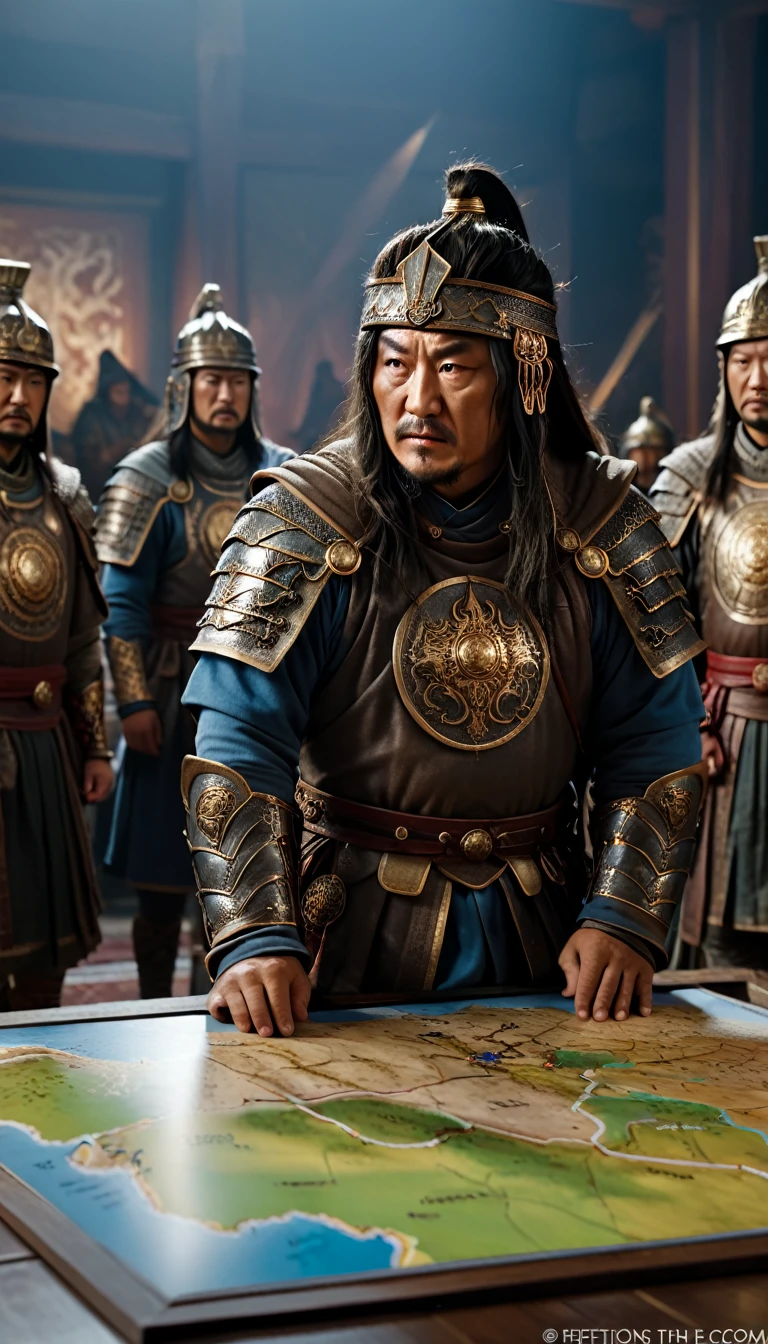 Genghis Khan and his generals planning strategies using maps and miniatures, background dark, hyper realistic, ultra detailed hyper realistic, photorealistic, Studio Lighting, in screenshot from the 300 movie, reflections, dynamic pose, Cinematic, Color Grading, Photography, Shot on 50mm lens, Depth of Field, hyper-detailed, beautifully color, 8k,