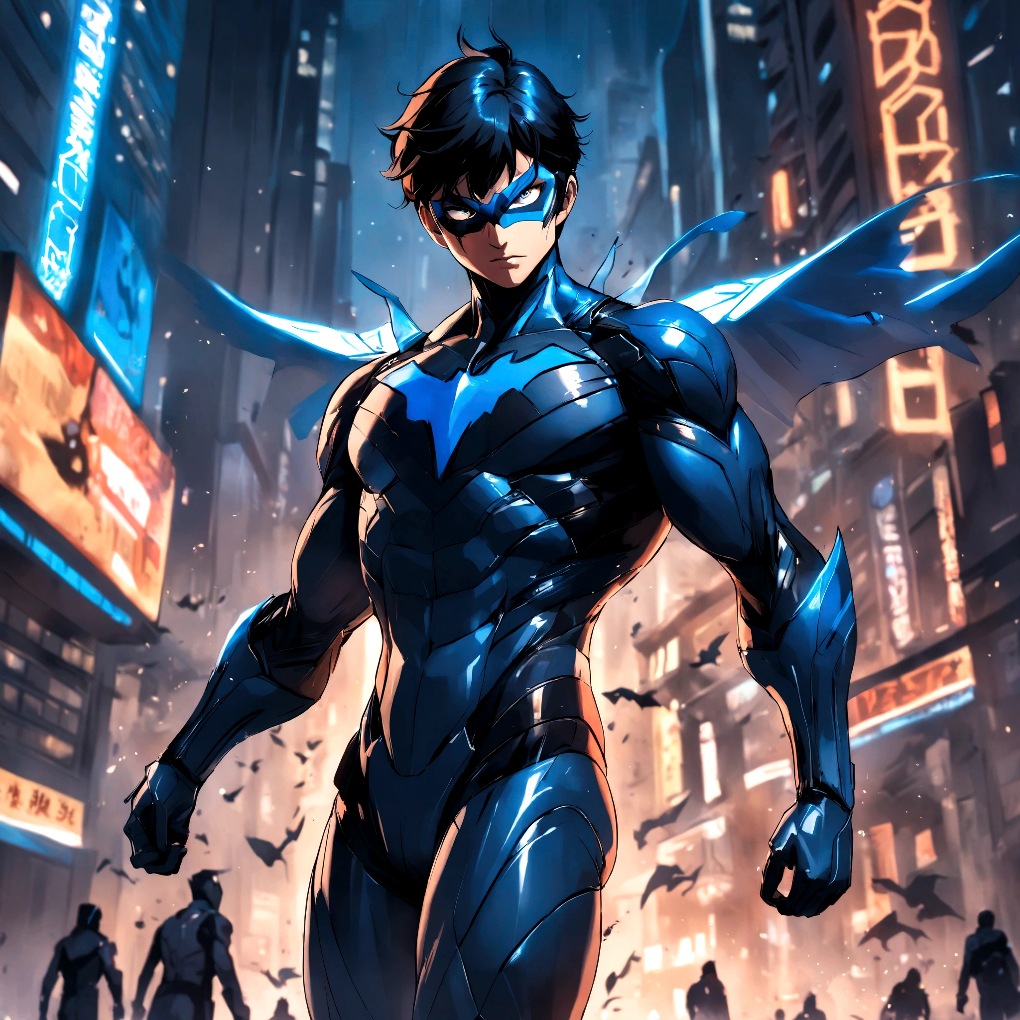 Description: nightwing (Nightwing), mask covering mouth and nose like Kakashi from Naruto, White hair, uniforme tradicional do nightwing.
styled: illustration