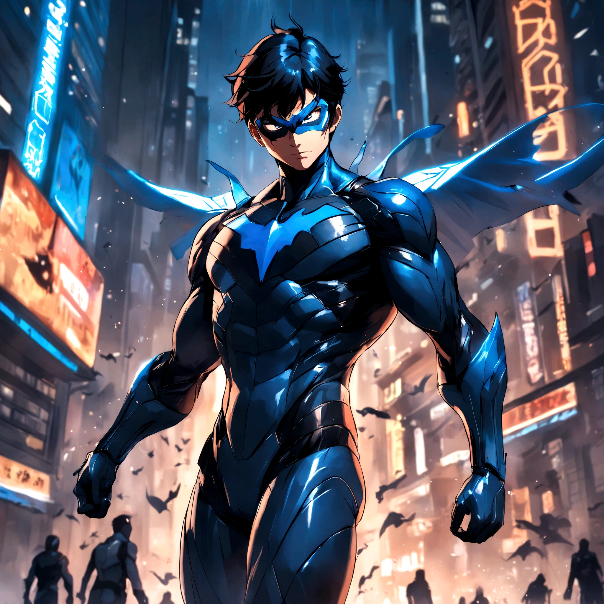 Description: nightwing (Nightwing), mask covering mouth and nose like Kakashi from Naruto, White hair, uniforme tradicional do nightwing.
styled: illustration