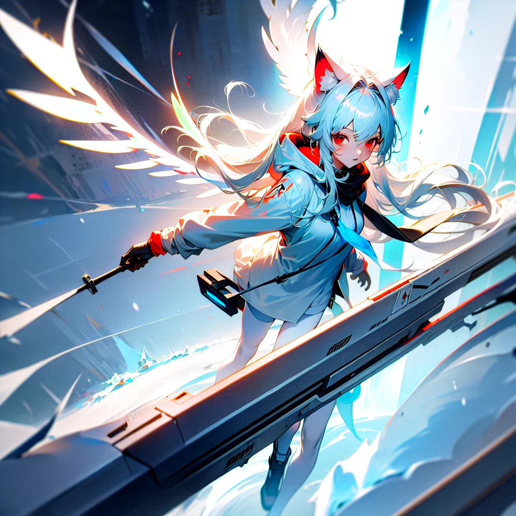 masterpiece, highest quality, highest resolution, clear_image, detailed details, White hair, long hair, cat ears, 1 girl, red eyes, white hoodie, black pantyhose, white scarf (white scarf around the neck with a light blue glow), gray futuristic halo (gray halo over the head), white wings (6 wings), cute, full body, no water marks, snow, city