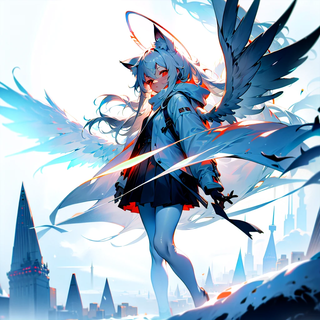 masterpiece, highest quality, highest resolution, clear_image, detailed details, White hair, long hair, cat ears, 1 girl, red eyes, white hoodie, black pantyhose, white scarf (white scarf around the neck with a light blue glow), gray futuristic halo (gray halo over the head), white wings (6 wings), cute, full body, no water marks, snow, city