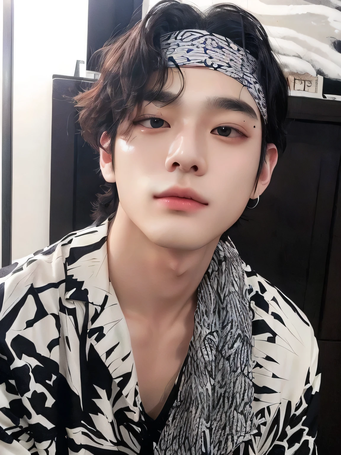 prickly man with a bandana, adorable and pale korean face, hyung tae, taehyung Kim, young pale angel, handsome man, kim taehyung from bts, inspirado em taehyung muito bonito, taehyung