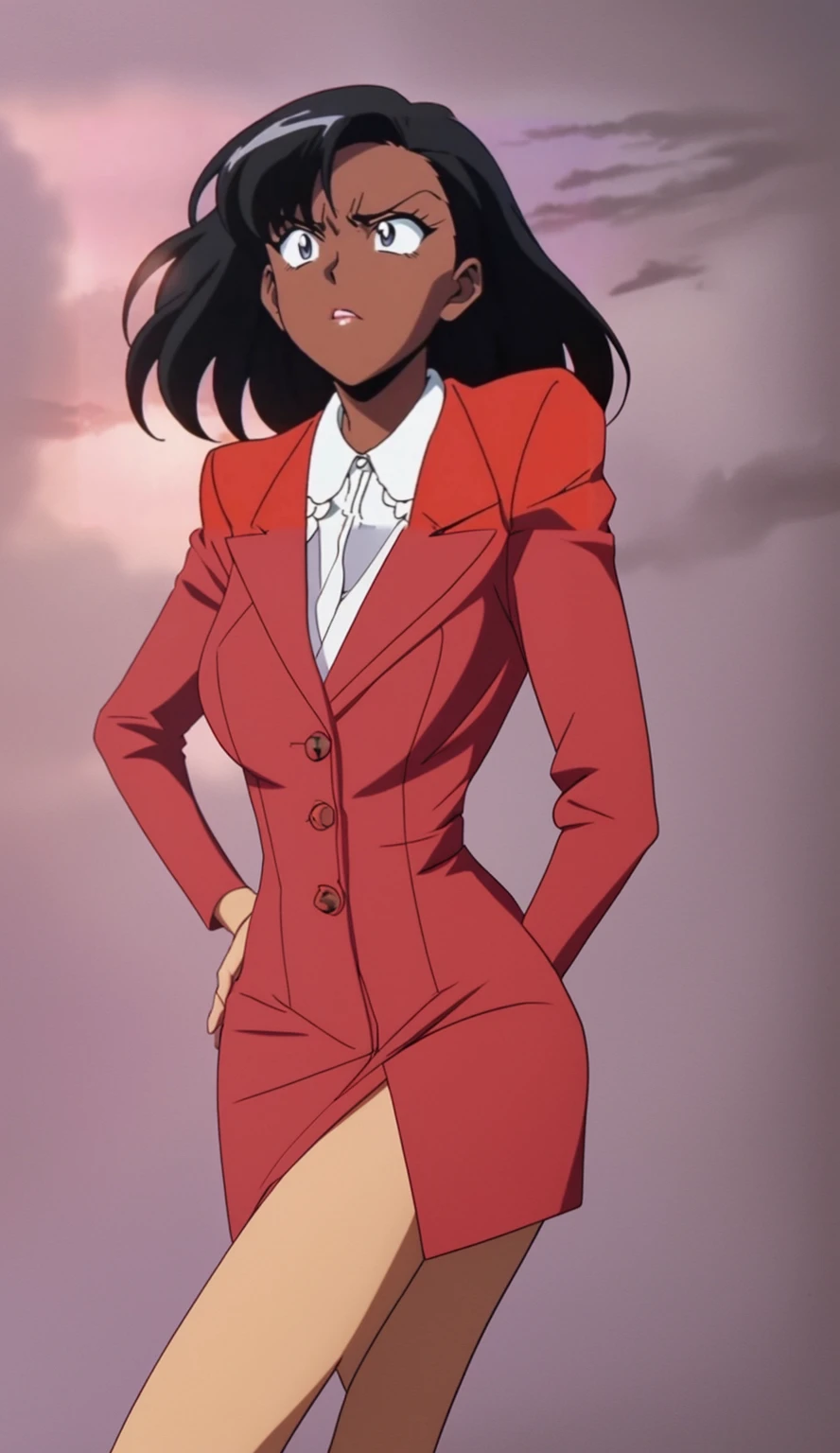 EVIL BLACK BUSINESS WOMAN WEARING A BLOUSE WITH A RED SKIRT SUIT 90s ANIME ARTSTYLE