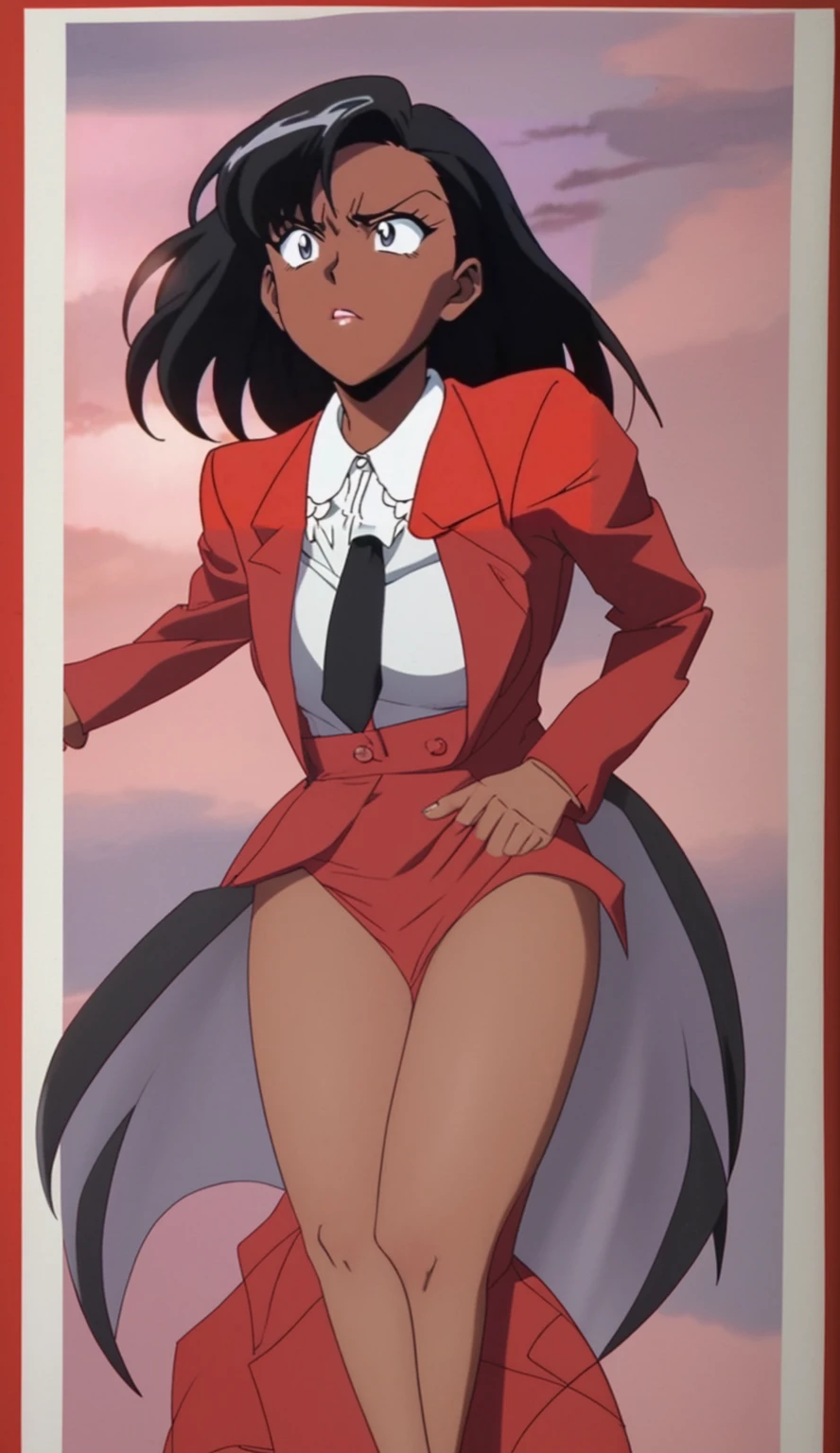 EVIL BLACK BUSINESS WOMAN WEARING A BLOUSE WITH A RED SKIRT SUIT 90s ANIME ARTSTYLE