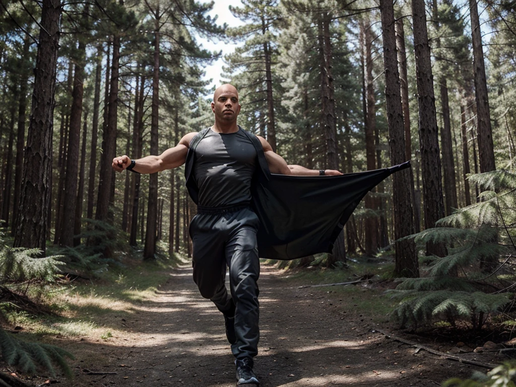 A bald man with defined and trained muscles dressed in gray and black floating in the middle of a pine forest with a serious look and resembling Vin Diesel as if he is going to fly over the terrain