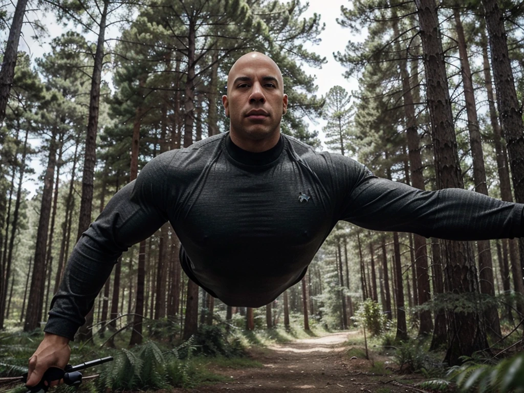 A bald man with defined and trained muscles dressed in gray and black floating in the middle of a pine forest with a serious look and resembling Vin Diesel as if he is going to fly over the terrain
