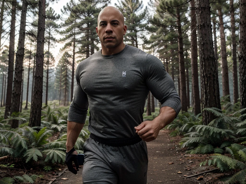 A bald man with defined and trained muscles dressed in gray and black floating in the middle of a pine forest with a serious look and resembling Vin Diesel as if he is going to fly over the terrain 