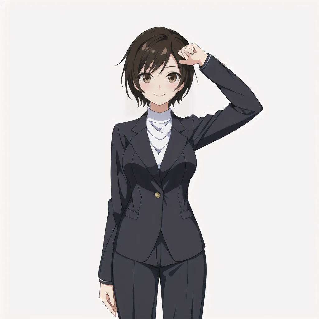 Highest quality, high resolution, High quality anime art style, Official Art, Smooth anime CG art, Stylized anime, Visual Novel Sprites, White background, whole body, Anime-style 3D, Smooth anime CG art, humanoid woman, JRPG Characters, Anime woman in a business suit, Making a force fist, smile, Brown eyes, Black Hair, short hair, Age 25