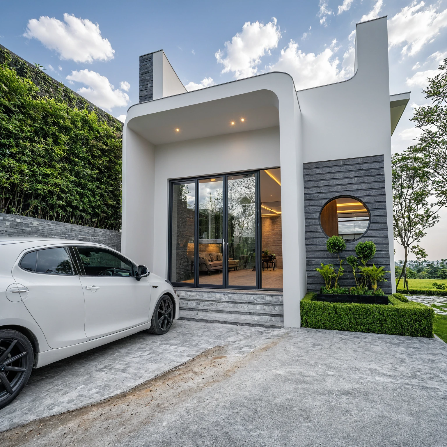Raw photo, masterpiece, high quality, best quality, realistic, super detailed, outdoor, " 2-storey house " , modern Mezzanine house style, (white wall), curved wall facade, aluminum interior door glass, curved planter, gray tiled accent wall, gray iron box exterior gate, road, sidewalk, grass, trees, sky, clouds, (daylight):1.1)