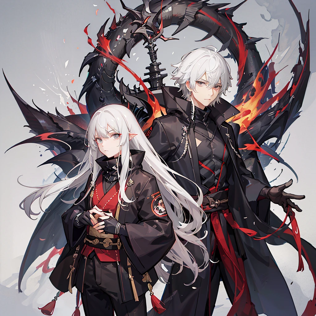 A 20 year old boy with black hair, Red eyes with a black tone and a serious look, long black pants, black long sleeved sweater, a silver chain three gold rings, demon wings, purgatory bottom