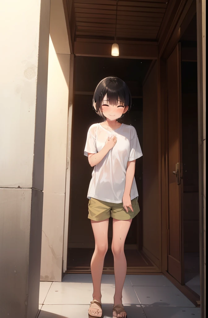 Inside the temple,smile,Are standing,Put your hands behind your back,close your eyes,1 ,short hair,Black Hair,blush,White T-shirt,Olive green shorts,Brown Sandals,White skin,summer,From below,Open your hands,shy,Sweat,Open your mouth,Wet,