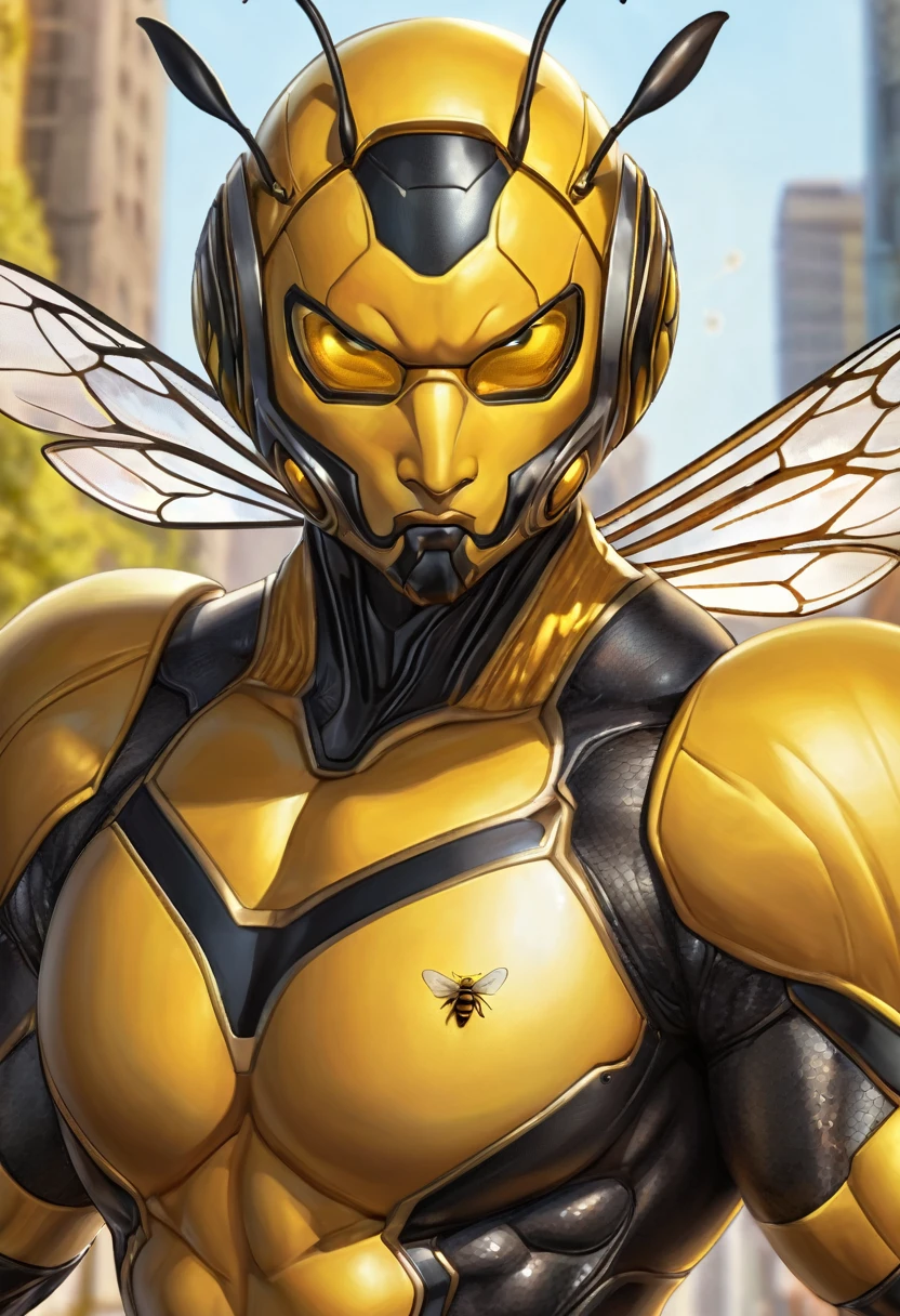 ((absurdres)) perfect whole body, ultra photorealistic, top quality, Photorealistic, ((16k UHD)) High Definition, high-res, ultra sharp, masterpiece, the best quality, intricate details, detailed eyes, perfect face detailed face, (((in a capital city town))) orange goggles, masterpiece, highly detailed exquisite character art, perfectly detailed anatomy, detailed body, detailed pecs, hyper pecs, thick thighs, (((sunny weather))) (((natural lights))), ultra-realistic, (((1male))) ((tall muscular man male humanoid)), bald, humanoid yellow skin, bee anatomy, deity, god of honey bees, humanoid black & yellow skin tone, yellow hue, powerful humanoid appearance, compound eyes, stinger, abdomen, metallic scales, scales. Metallic armour, wings, elf ears, glossy skin, large smirking face, flying in the sky, mandibles, Antenna, honey, ((male muscular stripe black & yellow humanoid insect honey bee)) (((yellow skin))), (((black skin))) 