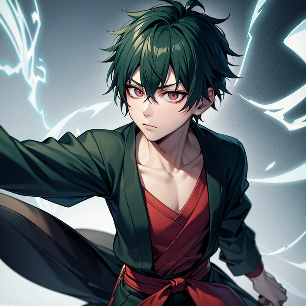 one japanese man, green hair, pink eyes, high res, ultrasharp, masterpiece, jujutsu kaisen style