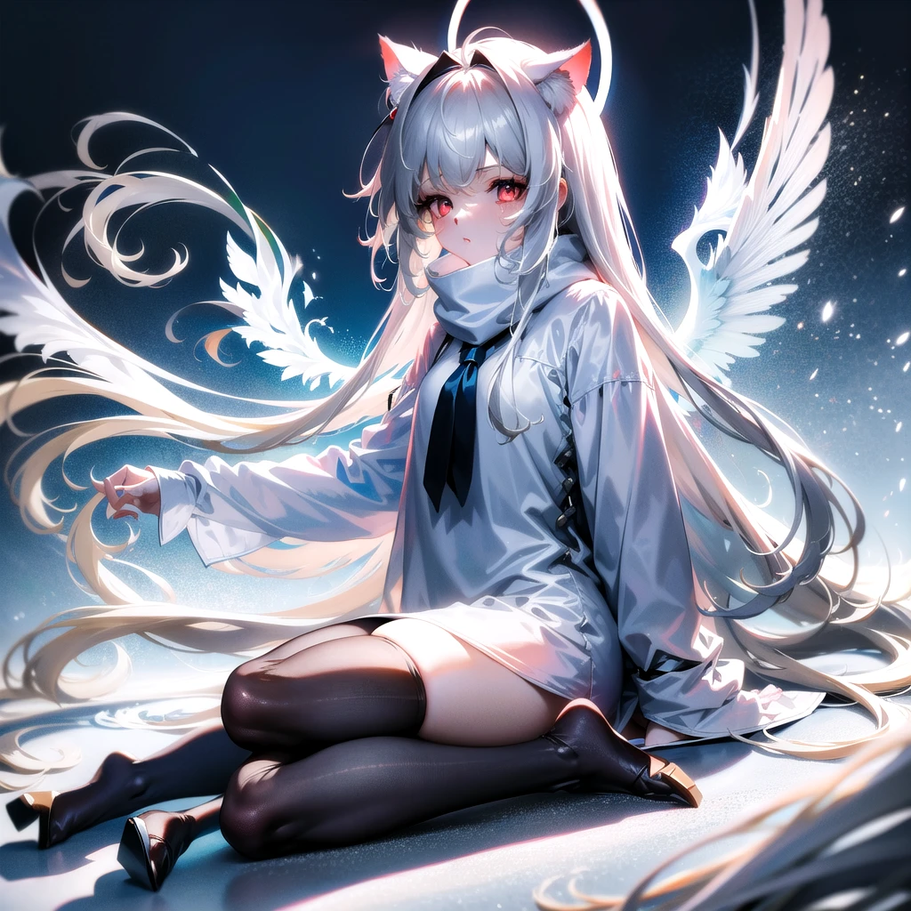 masterpiece, highest quality, highest resolution, clear_image, detailed details, White hair, long hair, cat ears, 1 girl, red eyes, white hoodie, black pantyhose, white scarf (white scarf around the neck with a light blue glow), gray futuristic halo (gray halo over the head), white wings (6 wings), cute, full body, no water marks, snow, city