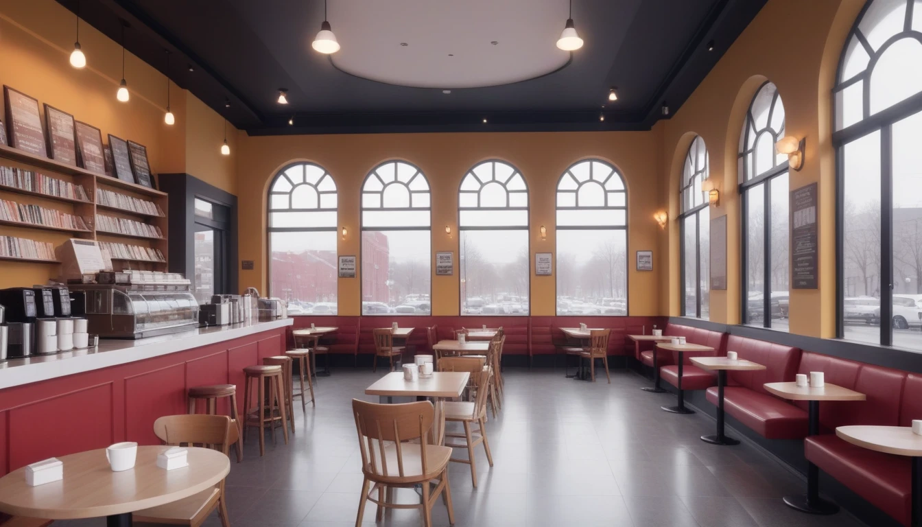 cloudy afternoon, frontal shot coffee shop interior, tables with books and coffee cups, and a big window in the center
