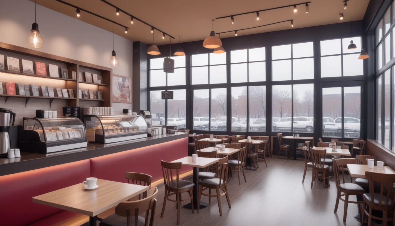 cloudy afternoon, frontal shot coffee shop interior, tables with books and coffee cups, and a big window in the center