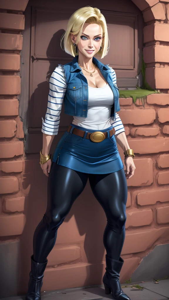 best quality, highres, and18, 1girl, android 18, solo girl, 1girl, blonde hair, blue eyes, belt, boots, tight blue demin skirt, gold_necklace, black shirt, short hair, long striped sleeves, earrings, open vest, denim vest, medium breasts, cowboy shot, mountains, straight-on, (weather: raining and windy), wet body, sexy smile, combat stance, full length pantyhose, battle ruins, wide hips, thick legs, torn clothes, closed fists,