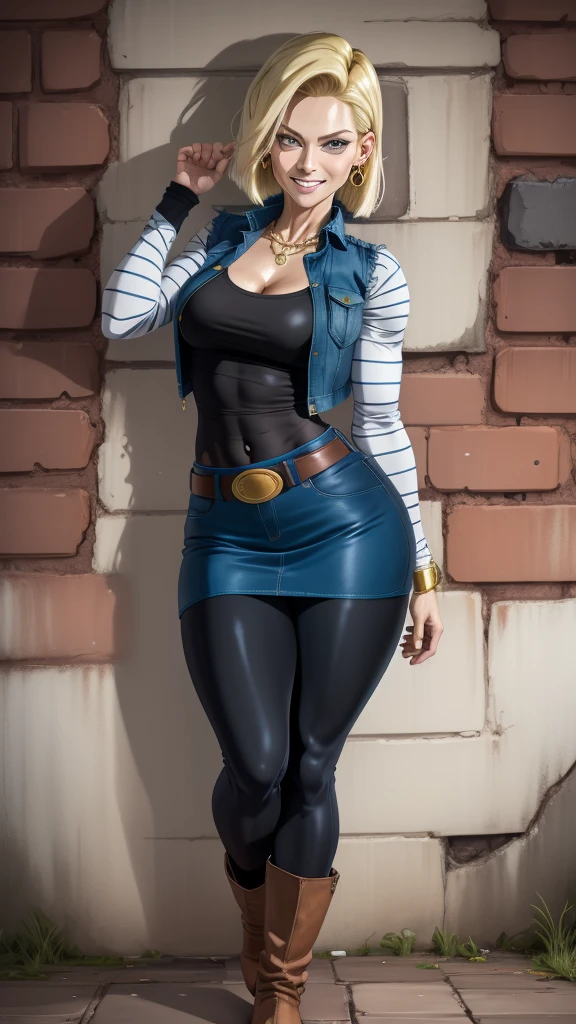 best quality, highres, and18, 1girl, android 18, solo girl, 1girl, blonde hair, blue eyes, belt, boots, tight blue demin skirt, gold_necklace, black shirt, short hair, long striped sleeves, earrings, open vest, denim vest, medium breasts, cowboy shot, mountains, straight-on, (weather: raining and windy), wet body, sexy smile, combat stance, full length pantyhose, battle ruins, wide hips, thick legs, torn clothes, closed fists,