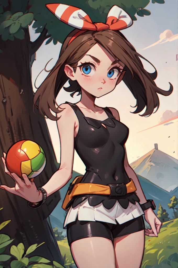 pkmnmay, blue eyes, brown hair, hair ribbon, red hair tie,red tank top, white latex miniskirt, (I spread my crotch wide.), bracelet, looking at viewer, Serious, standing, holding a pocket ball, out, mountain, tree, Dusk, sunset, high quality, masterpiece,
