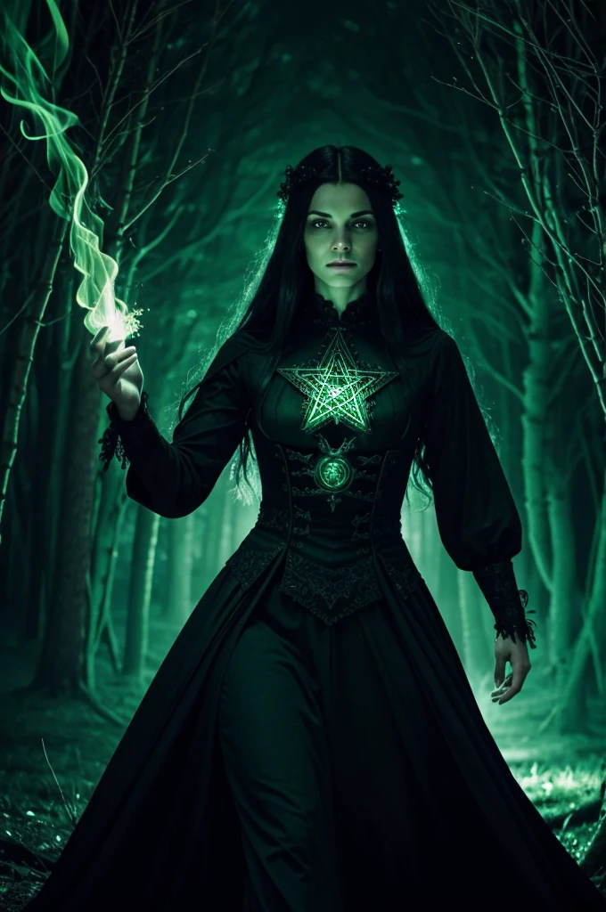 

**Image Description:**

A dark witch stands in the center of the image, engulfed in green flames. His clothing is a black tunic with gothic details and mystical embroidery in emerald green.. His face is mysterious, with glowing eyes that radiate power and ancient wisdom.

in his right hand, holds a large, ornate staff. The staff is made of a dark and twisted material, and its tip is a glowing pentagram that appears to be composed of arcane energy. The green flames that surround her emanate from the pentagram and dance around her, illuminating his figure in an unearthly glow.

The background of the image is a dark forest, barely visible through the green flames, with shadows that seem to move and whisper. The atmosphere is disturbing and mystical, as if the witch was about to cast a powerful spell.
