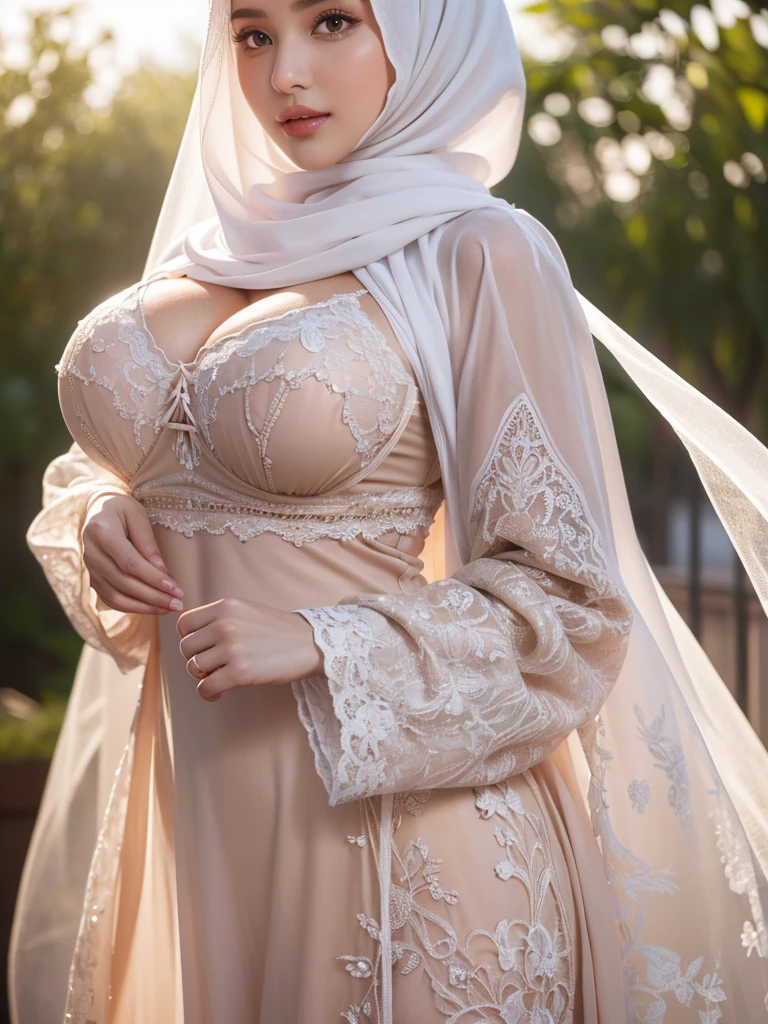 High resolution UHD, Improvement of quality, Soft lighting, Highly detailed, Very detailed on clothes, high quality clothes, Advanced Details, Sharp Focus, High resolution, Big Breasts, Breasts Covered With Hijab and Dress, Real clothes, Real Lighting, Same clothes, Same Clothes With Big Breasts, Big Boob Undershirt Covered, largest breast Under Niqab